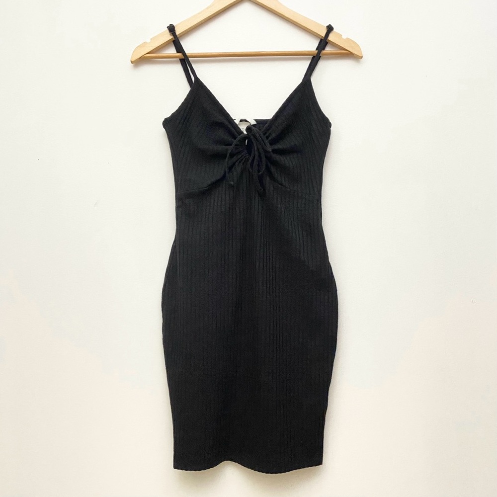 Black Ribbed Tie-Front Bodycon Mini Dress